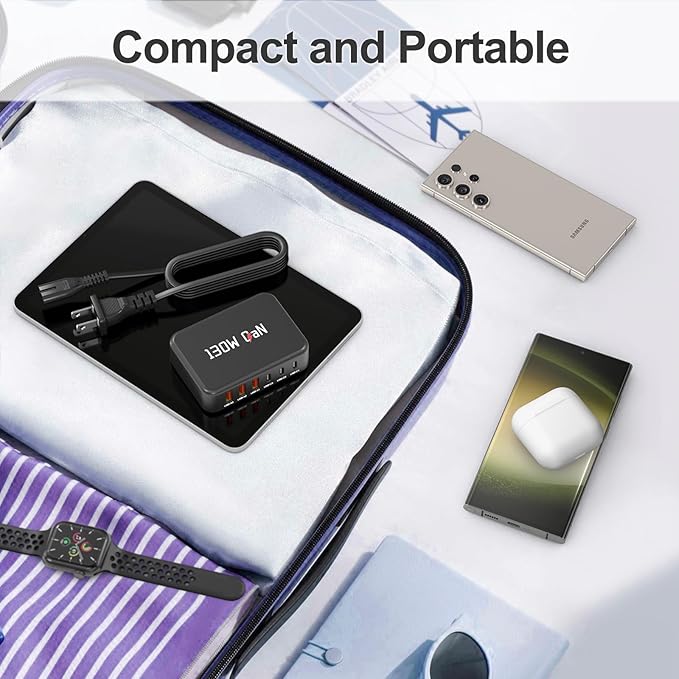 [2026 Upadated]130W Charging Station 6-Port Type C Fast Charger Block Charging station Multiport Adpater for Galaxy S26 S25 S24 S23 S22+/iPhone 17/16 Series, iPad, Pixel, and More,5ft Power Cord-Black