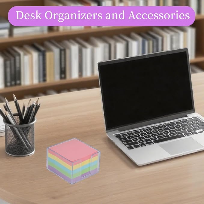 Buqoo Clear Silver Desktop Mmeo Holder Cute Acrylic Sticky Notes Dispenser 3.9×3.9 Inches Office Memo Pad Holder for Desk