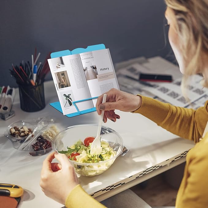 Honagu Metal Desk Book Holder, Hands Free Adjustable Cookbook & Document Holder, Portable Bookstand for Music Books, Textbooks, Recipes, Tablets & iPads (Sky Blue)