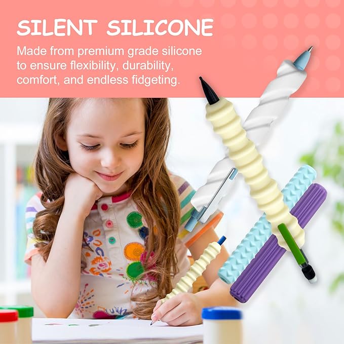 Pencil Grips, 4-Pack Textured Silicone Sleeves for Mechanical Pencils, Sensory Fidget ADHD Tool for Kids and Adults, Quiet Fidget Tools for Classroom Focus, Anxiety Relief (Pastel Mist Set)