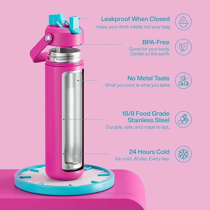 ENCOOL Insulated Water Bottle with Straw Stainless Steel Water Bottle, Leak-Proof, BPA-Free, Double Wall Vacuum Keeps Cold for 24 Hours for Sports, Travel, School (26 oz, Light Crimson)