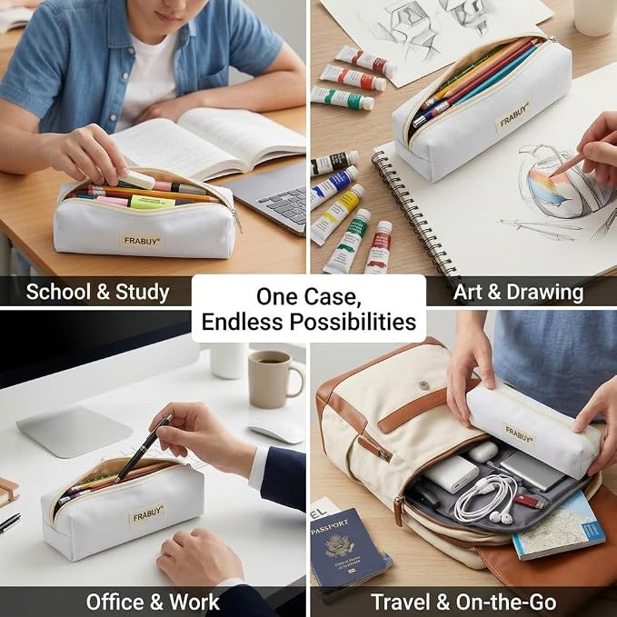 Canvas Pencil Case Pouch, Multipurpose Pen Bag Stationery White | Heavy-duty Canvas, Smooth Alloy Zipper, Cute Organizer for Girls and Boys, Ideal for Stationery, Cosmetics, Tech Gear