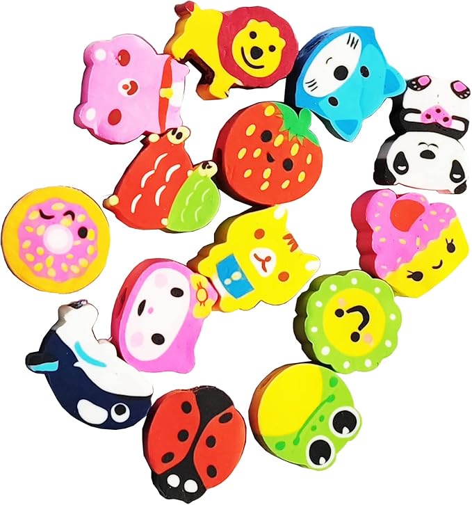 28PCS Assorted Cartoon Stripe Colored Wooden Pencils with Fruit Animal Top Pencil Erasers for Kids School Supplies and Children Prize Gifts, 28 Count (Pack of 1)