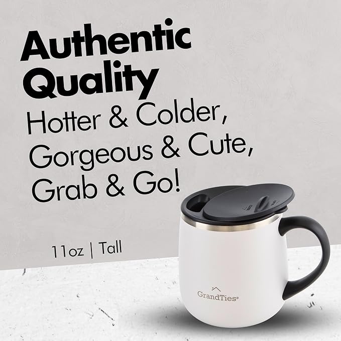 GRANDTIES 11oz Insulated Coffee Mug with Sliding Lid, Wine-Glass Shape Thermal Tumbler with Double Walled Vacuum Stainless Steel to Keeps Beverages Hot or Cold (Pearl)
