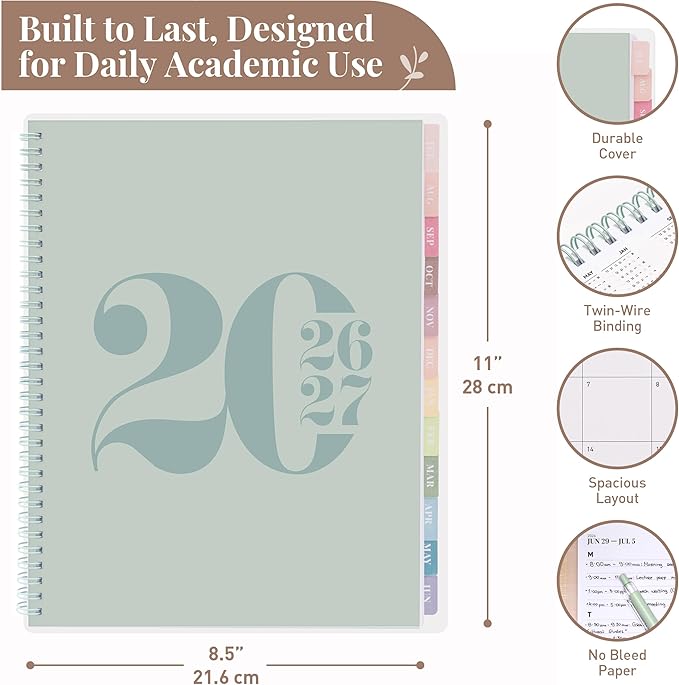 Rileys Academic Planner 2026-2027, Daily, Weekly & Monthly Planner, July 2026 - June 2027, Student Notes Pages, Twin-Wire Binding, Weekly Agenda for School & Work (8.5 x 11-Inches, Typographic, Green)
