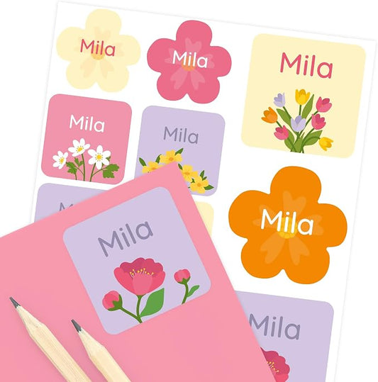 Camp Name Labels for Kids (33) – Personalized Stickers & Daycare Labels – Waterproof for Water Bottles, Lunch Boxes & School - Flowers
