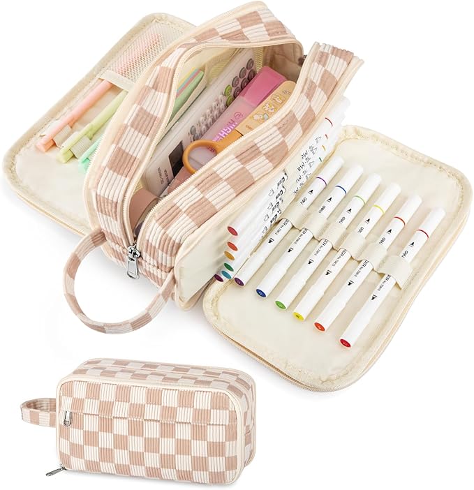 Cute Corduroy Pencil Case with Handle, Extra Large 4 Compartment Multiple Pockets Aesthetic Pencil Pouch Organizer for Teen Girls, School & College Supplies (Brown Checked)