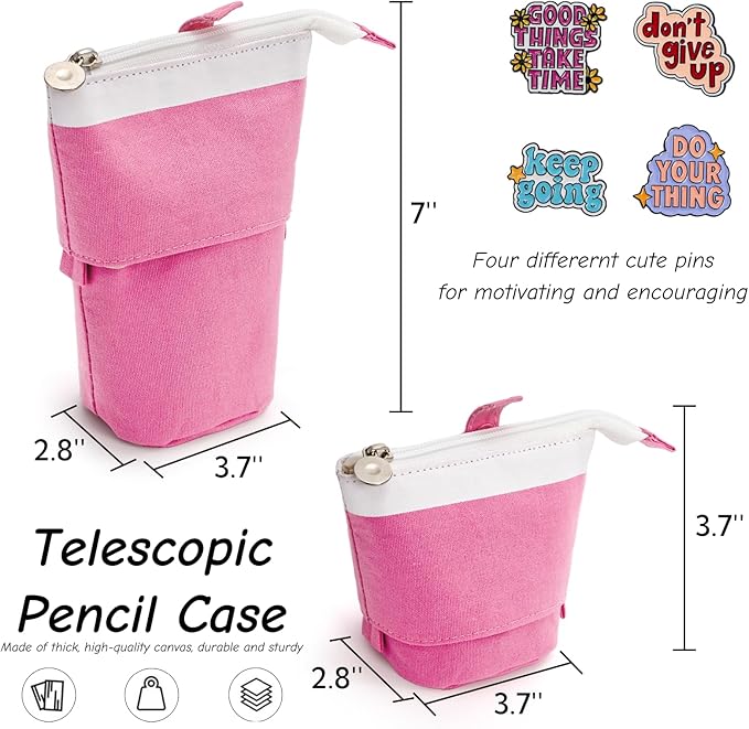 4 Pack Telescopic Pencil Case, Portable Standing Pen Pouch with Pins Zipper, 4 Colors Stand Up Stationary Holder Pop Up Make-up Bag for Pens, Cosmetics, Paintbrushes