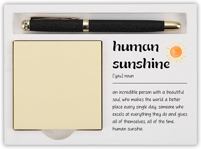 Human Sunshine Funny Desk Note Holder for Women Men, Inspirational Gift for Coworkers Friends Teachers, White Wood Sticky Note Tray Office Organizer for Appreciation and Positivity - FTB315