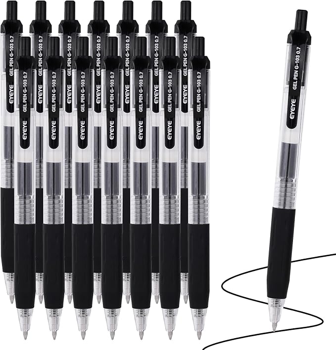 EYEYE G-103 Black Gel Pens 15 Pack, Retractable, 0.7mm Medium Point | Quick Drying, Ballpoint Pen Fine Point Smooth Writing Pens for Office Supplies, Black to School