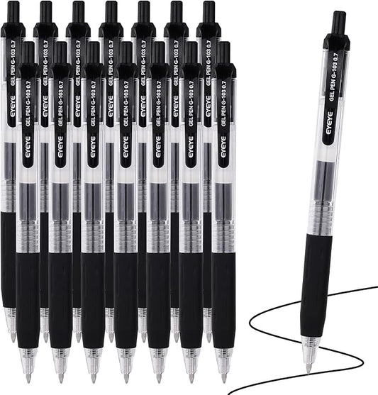 EYEYE G-103 Black Gel Pens 15 Pack, Retractable, 0.7mm Medium Point | Quick Drying, Ballpoint Pen Fine Point Smooth Writing Pens for Office Supplies, Black to School