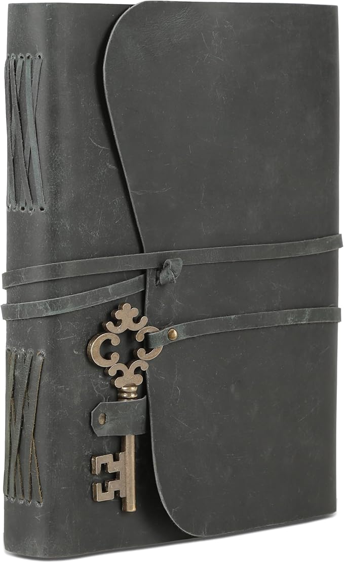 Leather Journal with Deckle Edge Paper 8x6 inch and Vintage Key | Handmade Writing Notebook Diary | Bound Daily Notepad for Men & Women Medium, Sketch/Writing pad for Artists