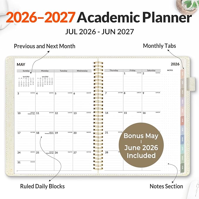 SUNEE 2026-2027 Weekly & Monthly Planner 9"x11.2" - 12 Month (July 2026 - June 2027), Vegan Leather Cover Planner Academic Year Calendar, Pocket, Notes, Monthly Tab, Beige