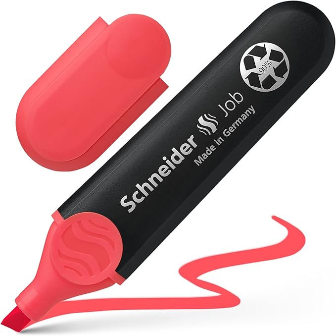 Schneider Job Highlighter, Chisel Tip, 1 + 5 mm, Black Barrel, Coral Ink, Box of 10 Highlighters (1502)