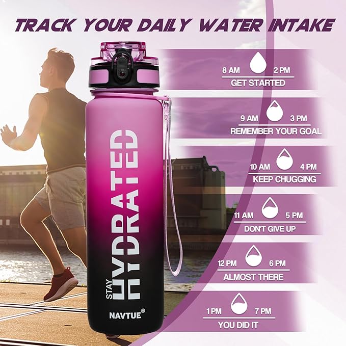 Water Bottle, 32 oz Sports Water Bottles with Time Marker Wide Mouth, Motivational and Leakproof Drink Bottle, BPA Free Tritan with Carry Strap for Gym Fitness Outdoor(1 Bottle)