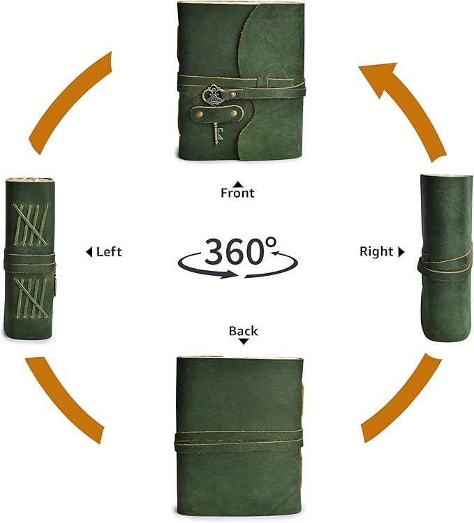 LEATHER VILLAGE Vintage Leather Journal – 200 Handmade Vintage Deckle Edge Paper – Leather bound Journal For Women Men – Vintage Key Closure - Book of Shadows - Green - 10X7 inches