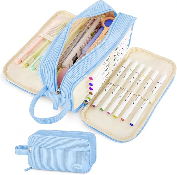 Cute Big Pencil Case Pouch Bag with Handle for Teen Girls Boy Gift | Large 4 Compartment Multiple Pockets Corduroy Aesthetic Pen Bag Pouch Organizer for School College Supplies,Sky Blue