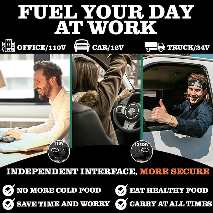 Buddew Electric Heated Lunch Box, 80W Fast Heating, 1.5L Food-Grade 304 Stainless Steel, 12V/24V/110V Portable Food Warmer for Car Truck Office Adults, Lonchera Electrica Portatil (Black)