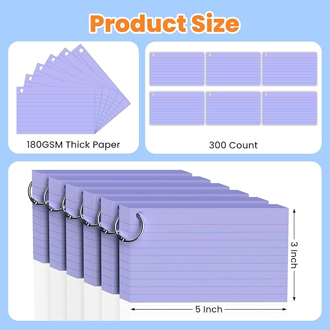 300 Count Purple Index Cards 3x5 Inch with Ring, Heavy Weight Flash Cards, Note Taking Supplies, Portable Note Cards, Study Flashcards for Students & Teachers, Office Home School Study Supplies
