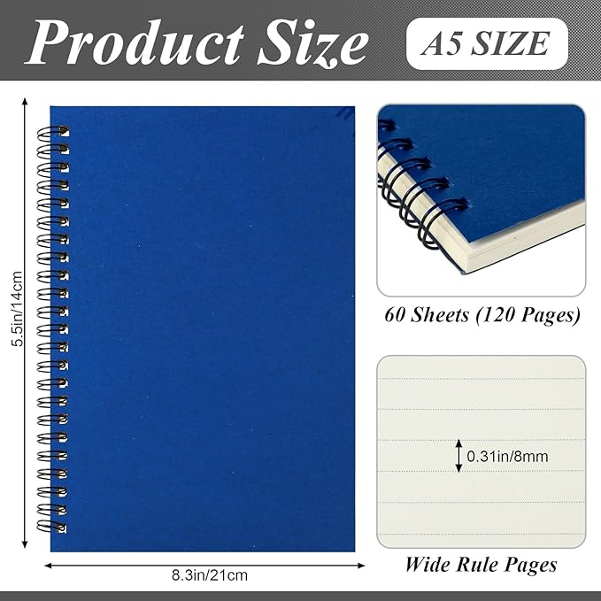 Leelosp 12 Pcs Small Spiral Notebook Lined Spiral Journal College Ruled Notebook Wire Bound Kraft Cover, 120 Pages for Work (Purple,White,Blue,Green,Red and Black,5.5 x 8.3 Inch)