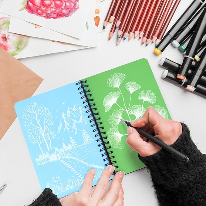 5x7in 12 Colors Paper Sketchbook, 80gsm Spiral Bound Art Journal Sketchbook, 92Sheets Acid-Free Travel Pocket Sketch Pad for Drawing, Illustration, Ideal for Most Dry Media