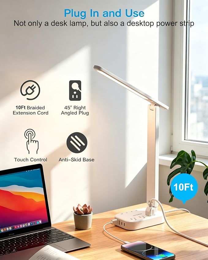 One Beat Small LED Desk Lamp Power Strip 10ft Extension Cord, 3 Outlets 4 USB Ports(2 USB C), 4 Modes, 5 Level Touch Lamp, Study Reading Light, Home Office Bedroom College Dorm Room Essentials, White