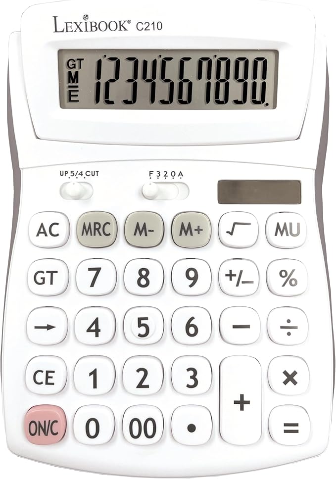 Lexibook - 10 Digit Desktop Calculator with Folding Display - Basic and Memory Function - Large Keys and Screen for Office, School, Home - Solar & Batteries - White/Gray - C210