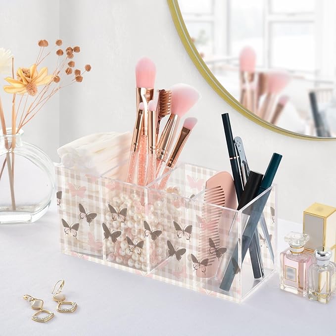 Aslsiy Butterfly (59) Pen Holder for Kids 4 Compartments Acrylic Pencil Holder Clear Makeup Brush Holder Desk Organizer Office Supplies