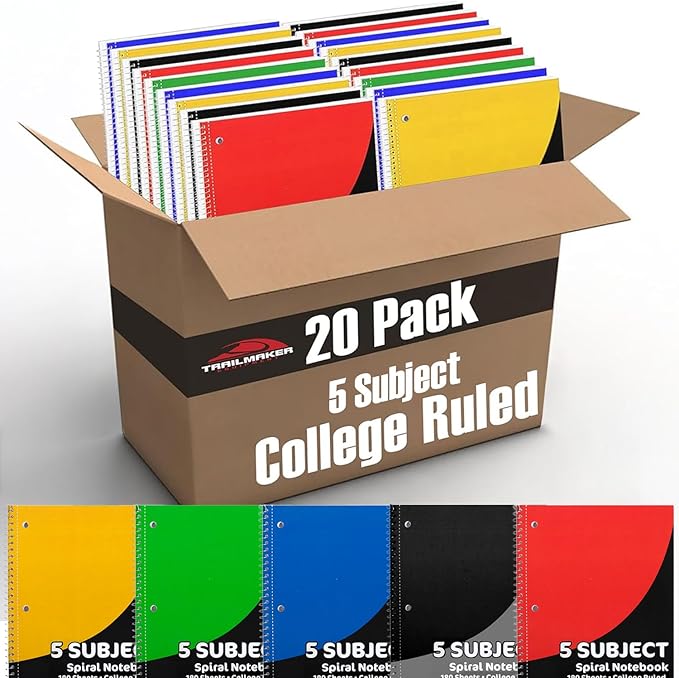 Trail maker (20 Pack) Bulk 5 Subject Notebooks College Ruled | 5 Subject Spiral Notebooks Bulk for School Kids, Students, Offices with Dividers