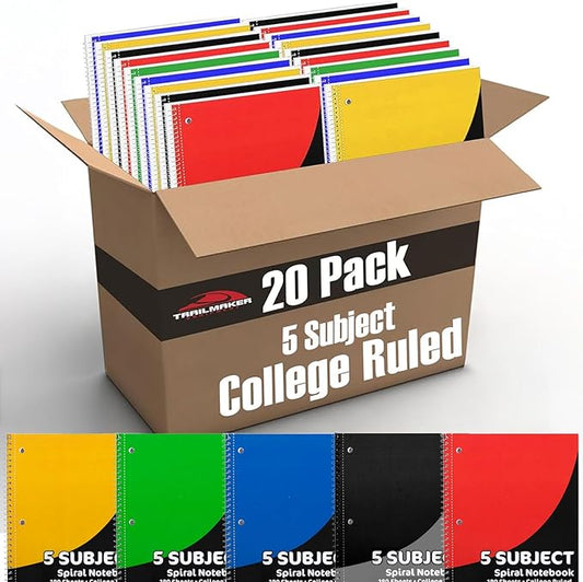 Trail maker (20 Pack) Bulk 5 Subject Notebooks College Ruled | 5 Subject Spiral Notebooks Bulk for School Kids, Students, Offices with Dividers