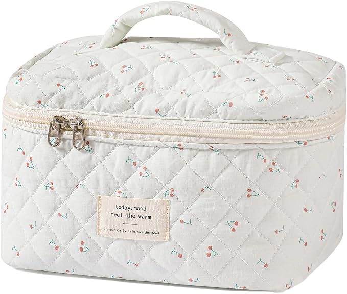 uekeboag Large Travel Quilted Makeup Bag for Women | Soft Floral Cotton Cosmetic Bag, Foldable Coquette Aesthetic Toiletry Organizer