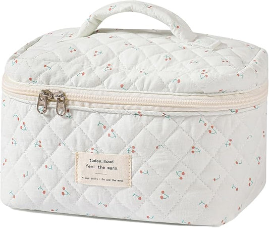uekeboag Large Travel Quilted Makeup Bag for Women | Soft Floral Cotton Cosmetic Bag, Foldable Coquette Aesthetic Toiletry Organizer