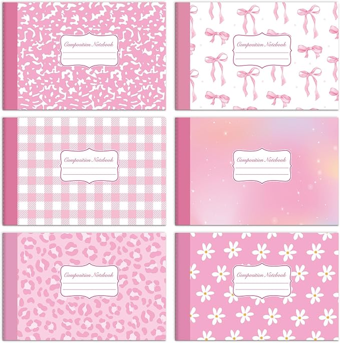 6 Pack Half Size Composition Notebooks Wide Ruled Marble Journal, Pink