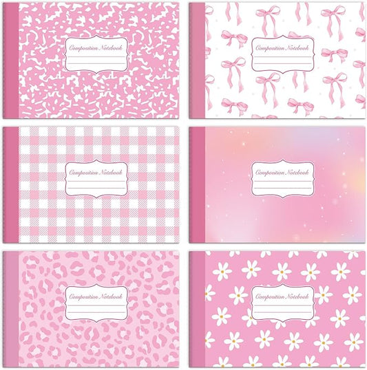 6 Pack Half Size Composition Notebooks Wide Ruled Marble Journal, Pink