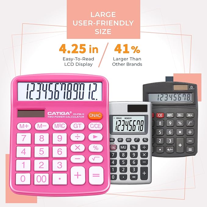 CATIGA Desktop Calculator (2 Pack) 12 Digit with Large LCD Display and Sensitive Button, Solar and Battery Dual Power, Standard Function for Office, Home, School, CD-2786 (Blue/Pink)