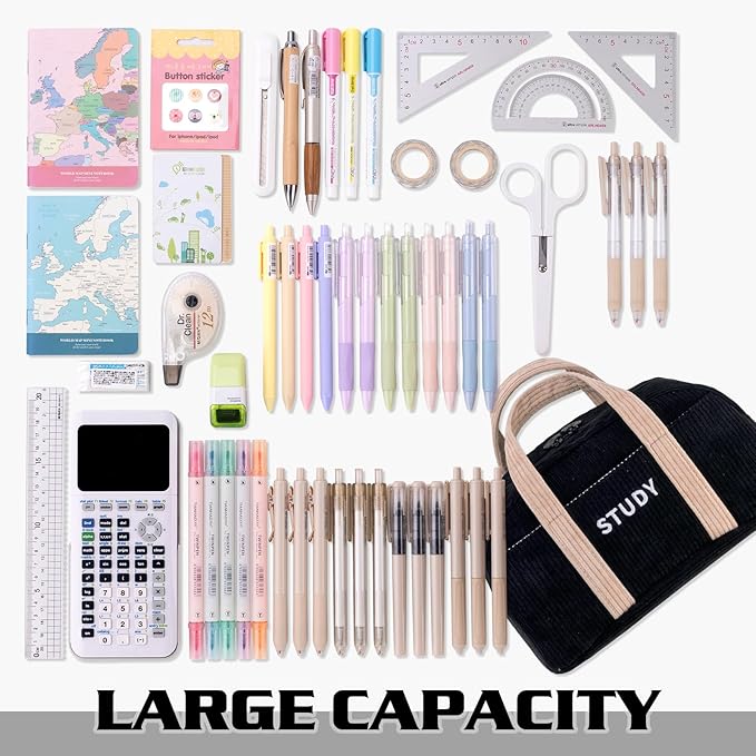 EASTHILL Corduroy Hand-held Pencil Case Large Cute Pencil Pouch Stationery Pen Bag for Teen Girls-Black