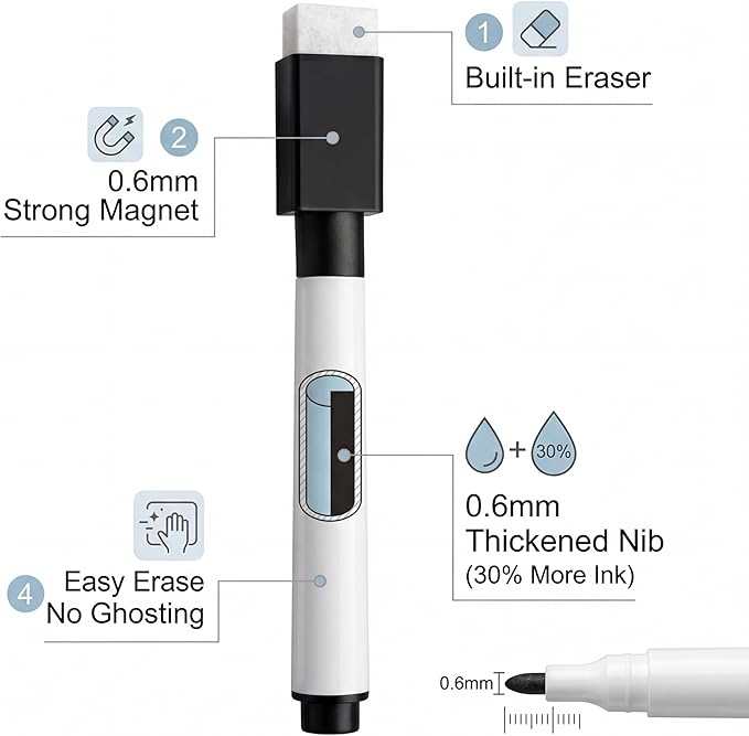 Fine tip Dry Erase Black Markers with Magnetic Cap and Eraser, Perfect for Dry Erase Boards and Whiteboards Pack of 8