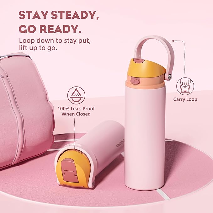 POWCAN 24 oz Insulated Water Bottle with Straw: 2-in-1 Push-Button Spout & Quick-Flip Straw, Leakproof, Cold 24Hrs, Fits Car Cup Holder, Stainless Sports Bottle for Gym, Travel Gift (Peach Store)