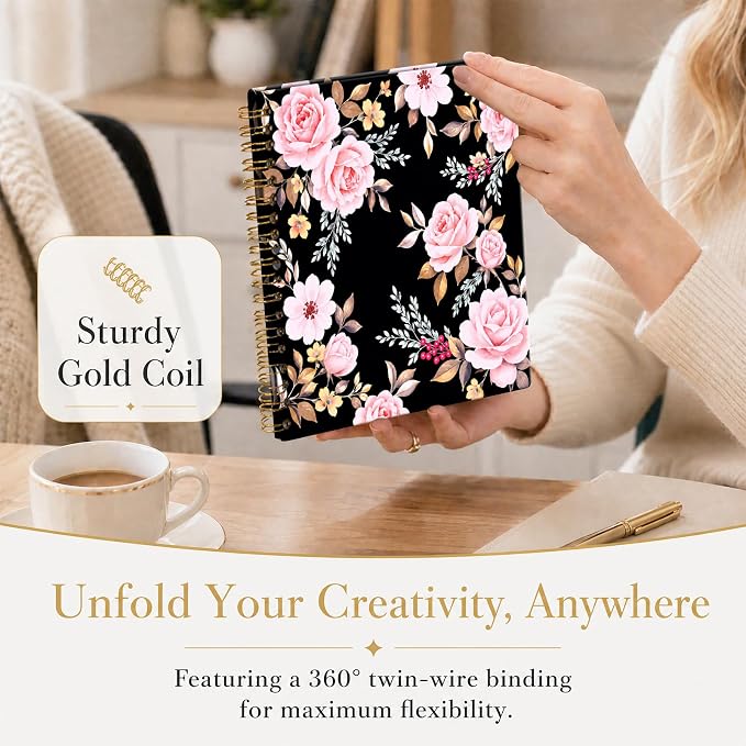 ATJFKIXL Cute Spiral Journal Notebook, A5 120 Page College Ruled Wirebound Notebook, Soft Cover for Students Office Notes and Planning - Black Rose Floral