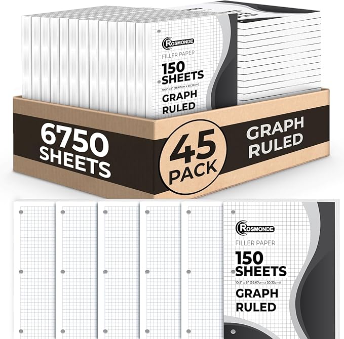 Rosmonde 6750 Sheets Graph Paper Bulk, 45 Pack, Bulk Grid Paper, 4x4, 8" x 10.5", Bulk Loose Leaf Paper, Thick Graphing Paper, Fights Ink Bleed, 3 Hole Punched, Quad Ruled Sheets, Bulk School Supplies