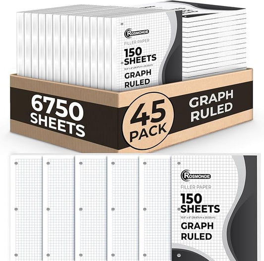 Rosmonde 6750 Sheets Graph Paper Bulk, 45 Pack, Bulk Grid Paper, 4x4, 8" x 10.5", Bulk Loose Leaf Paper, Thick Graphing Paper, Fights Ink Bleed, 3 Hole Punched, Quad Ruled Sheets, Bulk School Supplies