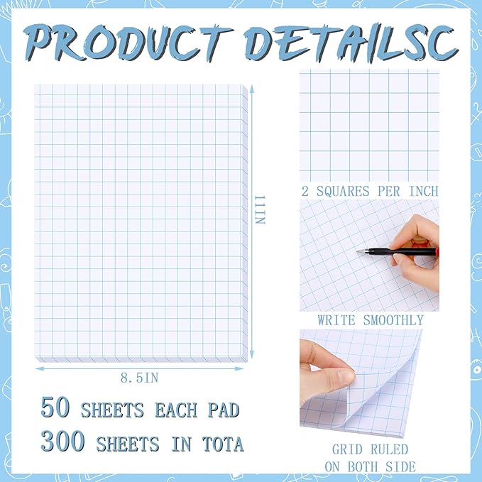 Ferraycle Graph Paper Pads 6 Pack 50 Sheets/pad 8.5 x 11 Inches Graph Paper Pads Bulk Quadrille Blueprint Engineering Quad Ruled Grid Notebook for Office Supplies Drawing Writing Graphing Drafting