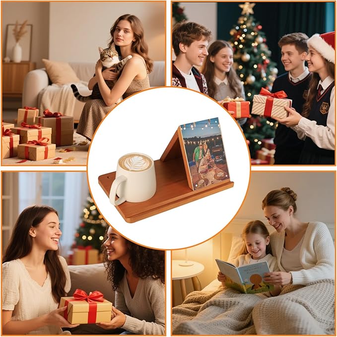 Wooden Triangle Book Stand with Cup Holder 4"x6" Acrylic Picture Frame for Family Frame - Multifunctional Reading Valet Book Rest for Desk, Birthday&Mothers Day Gift for Reader and Book Lovers