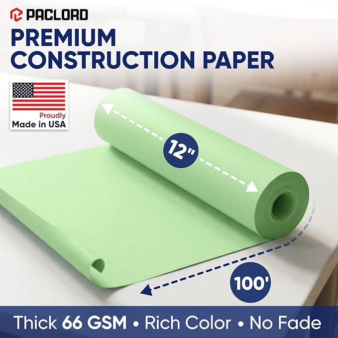 Light Green Construction Paper Roll 12" x 100 ft – Made in USA – 12" Bulletin Board Paper for Classroom & School, Teachers & Kids