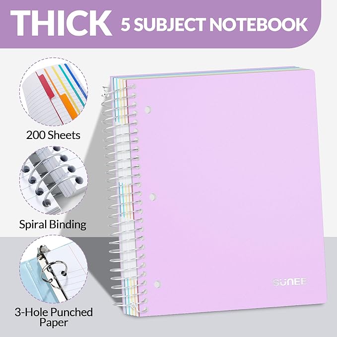 SUNEE 5 Subject Notebook College Ruled - 400 Pages, 9"x11", 5 Pocket Colored Dividers, 3-Hole Punched Paper, Purple