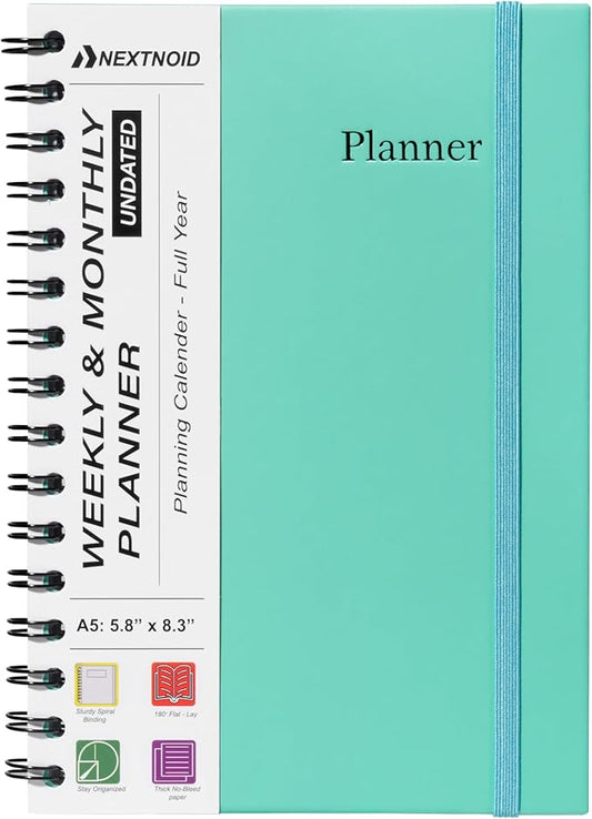 Undated Monthly and Weekly Planner - 12 Month Calendar Planner Notebook with Week Days - Hardcover Undated Planners Blank Agenda Book - A5 Turquoise