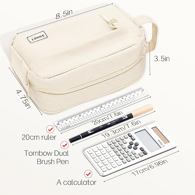 Sooez Original High Capacity Pencil Case, Big Pencil Bag Pouch Box Organizer Pen Case, Aesthetic Supply for Girls Adults, Portable Journaling Supplies with Easy Grip Handle & Loop, Beige