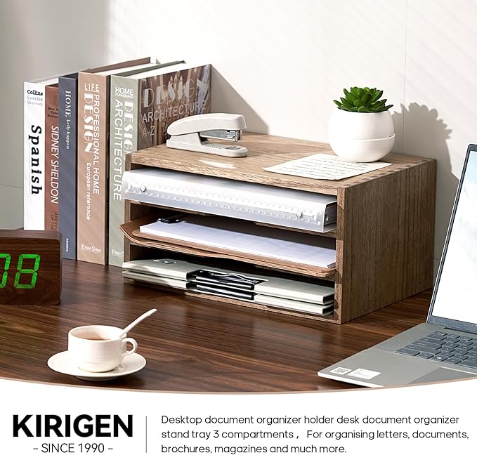 KIRIGEN Wooden Desktop Organizer, 3 Tier Solid Wood Letter Tray and Paper File Sorter for Desk, Freestanding Office Document Holder for Mail, Magazines, Folders, 13.78 x 9.45 x 7.08 in Brown 3KWJG-DBR