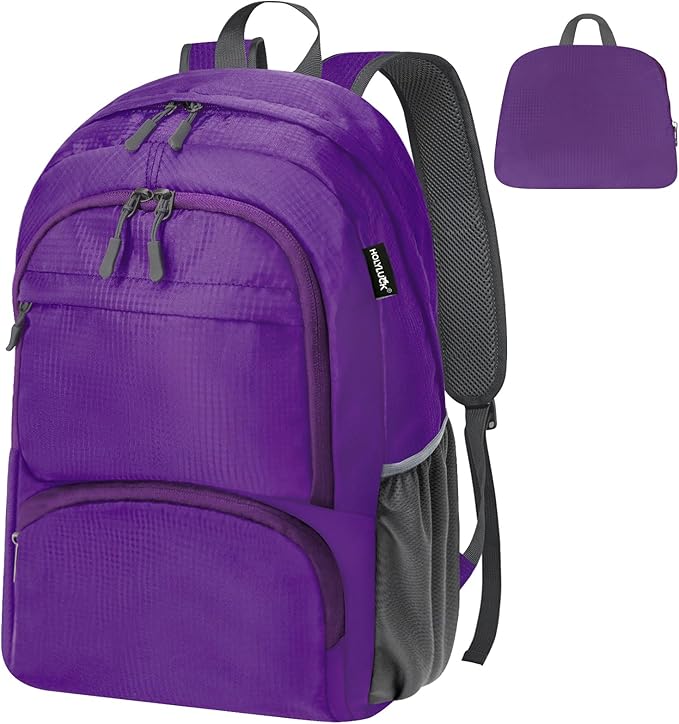 HOLYLUCK 20L Lightweight Packable Hiking Daypack Foldable Backpack for Men Women Small Travel Outdoor Foldable Shoulder Bag-purple