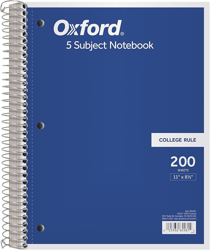 Oxford 5-Subject Notebook, 8-1/2" x 11", College Rule, 200 Sheets, 4 Dividers (65581)